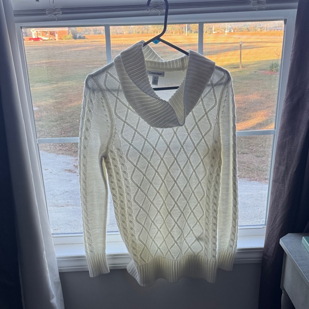 Calvin Klein Cream Diamond Knit Cowl Neck Sweater